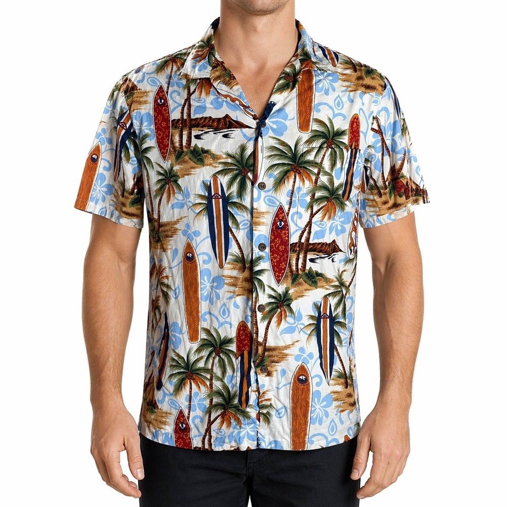 Aloha Republic Hawaiian Aloha Shirt Large Surfboards Palm Trees Beach Floral